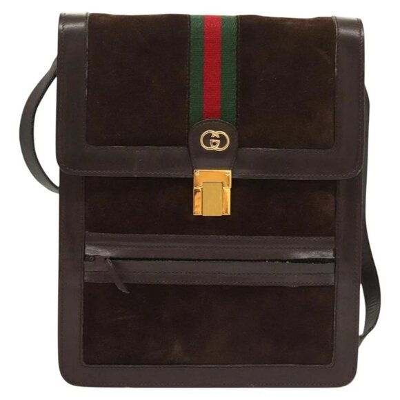 GUCCI GG Canvas Web Sherry Line Bag Suede Leather Dark Brown gold Auth - Picture 4 of 16